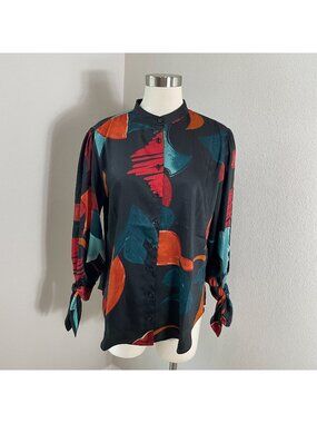 CHICOS Womens 12 Abstract Print Button Up Blouse Long Sleeve Tie Cuff Shirt Top